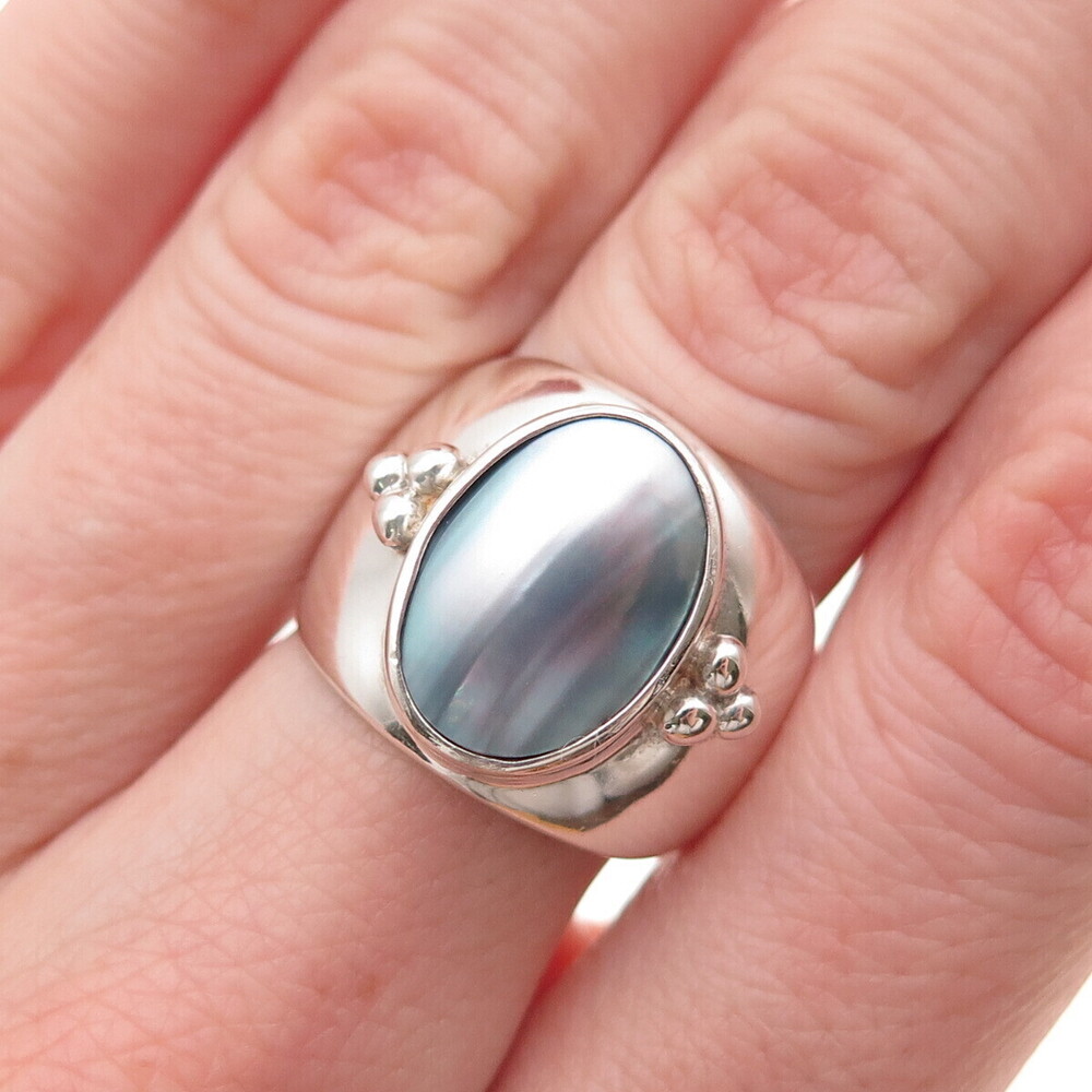 Shube 925 Sterling Silver Vintage Real Pearl Modernist Oxidized Ring Size 7